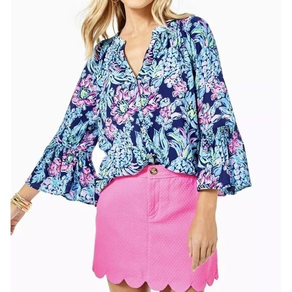 Lilly Pulitzer Women's Dakota Blouse Top In Pineapple Paradise Tropical | M EUC - Picture 1 of 12